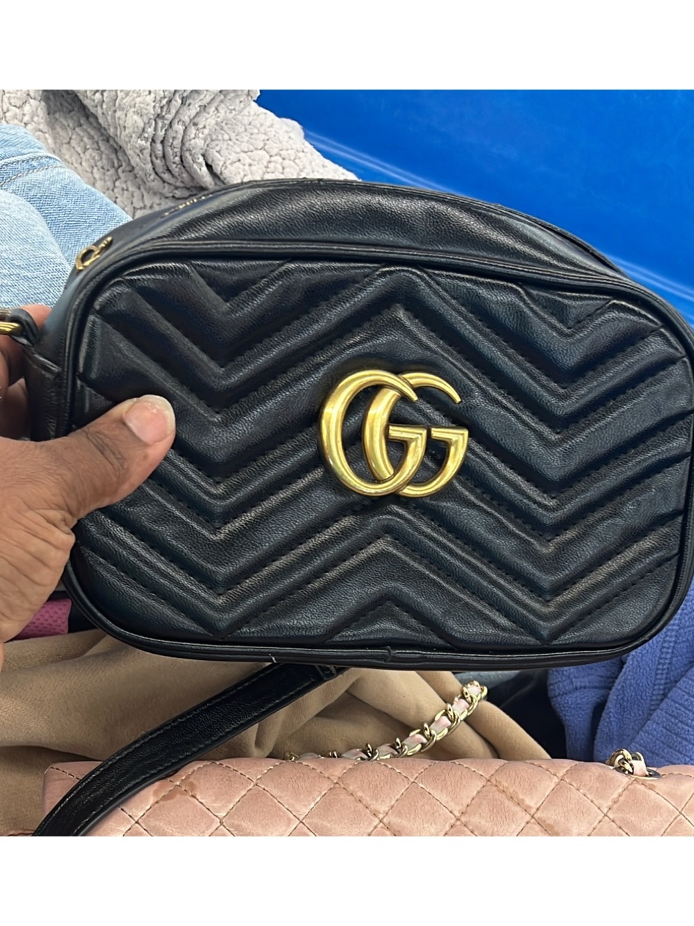 Tommy Hilfiger Black Quilted Chevron Shoulder Bag with Gold Hardware